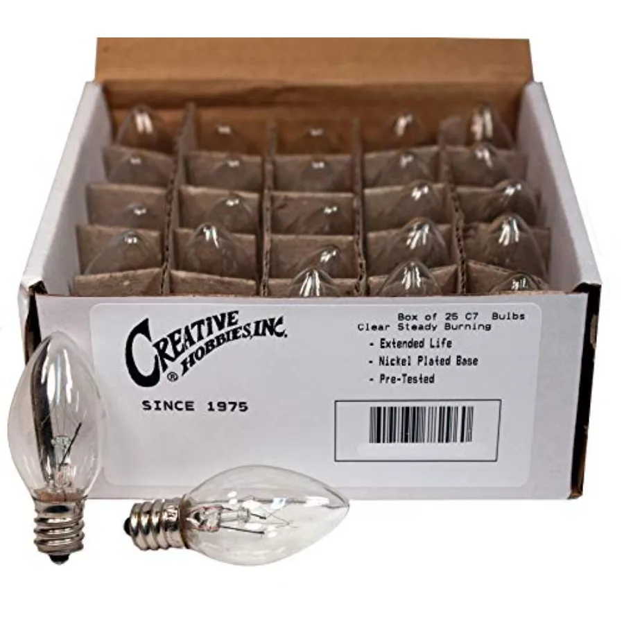 

25 Pack of 4W Night Light Bulbs, Incandescent C7, Clear, Steady Burning, 4 Watt, Candelabra Base E12 Chandelier Size Base