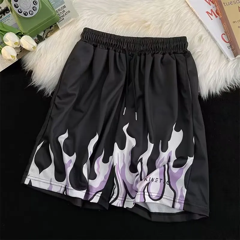 Summer Men\'s Shorts Quick-Drying Basketball Shorts Flame Pattern Sports Shorts Running Workout Men Women Couple Clothing