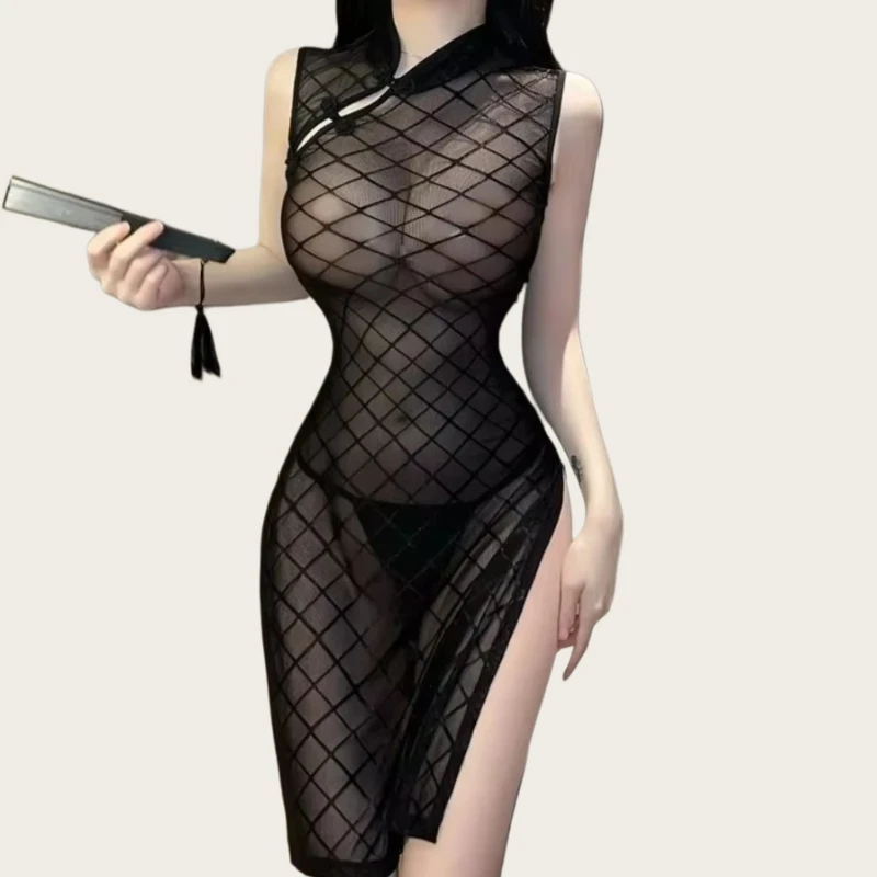 

Womens Black Fishnet Dress Jumpsuits See Through Qipao Sexy Lingerie Sets Hot Sexy Erotic Underwear Baby Doll Erotic Costumes