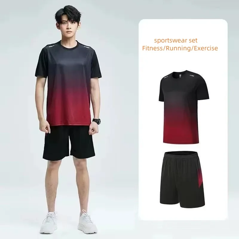 Traje deportivo de secado rápido de manga corta degradado para hombre de verano, traje para correr a la moda para mujer, traje de playa de dos piezas