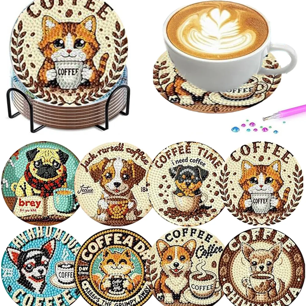 8 Diamond Painting Coasters with Brackets, DIY Cute Pet Dog Diamond Painting Cup Holders, Suitable for Adults and Beginners to U