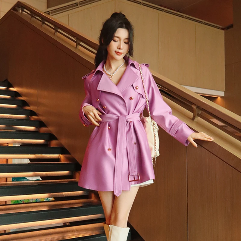 

Women's Trench Coat Spring Autumn Fashion Pink Double Breasted Belted Y2K Outerwear Luxury Style Mid Long Casual Windcoat Jacket