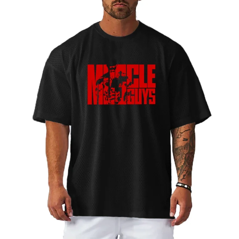 Übergroßes Fitness-Lauf-T-Shirt für Herren, schnell trocknend, atmungsaktiv, für Fitnessstudio, Bodybuilding, Sportbekleidung, Sommer, Mesh, lockeres Kurzarm-Shirt