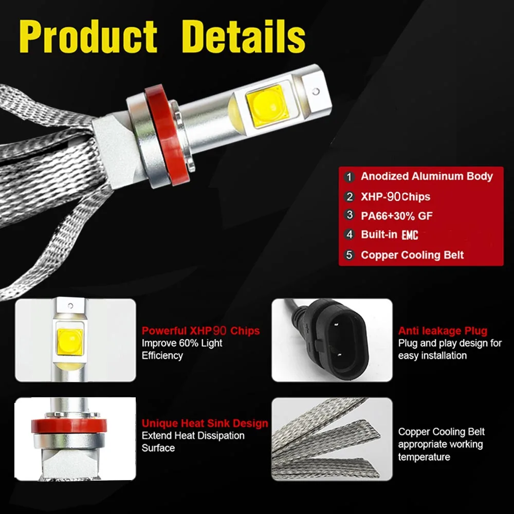 2 قطعة HB3 HB4 HIR2 Led المصابيح الأمامية H7 H4 D2H 3000K 4300K H11 H8 LED سيارة كشافات ضوء XHP90 رقاقة 6000K السيارات الضباب مصباح 12 فولت-24 فولت
