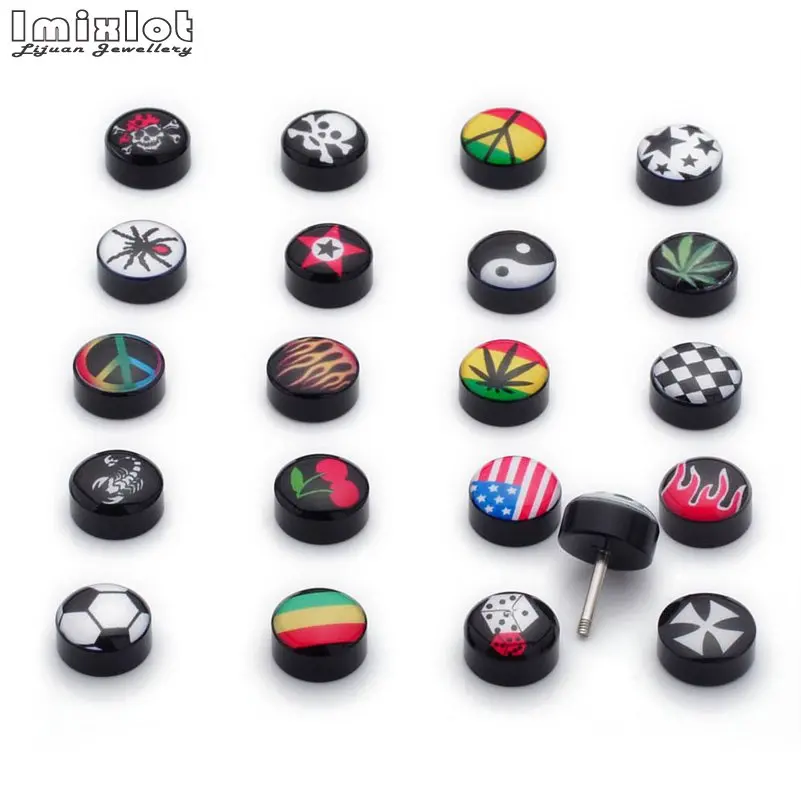 6pairs=12pcs Punk Double Sided Enamel Round Ear Stud Earrings For Women Men Dumbbells Barbell Piercing Jewelry