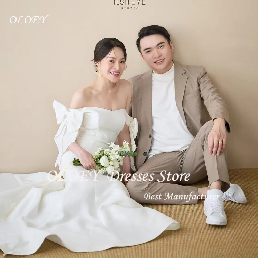 

OLOEY White Off Shoulder Korea Wedding Dresses Mermaid Trumpet Bow Bridal Gown Backless Photo Shoot Bride Dress Customize