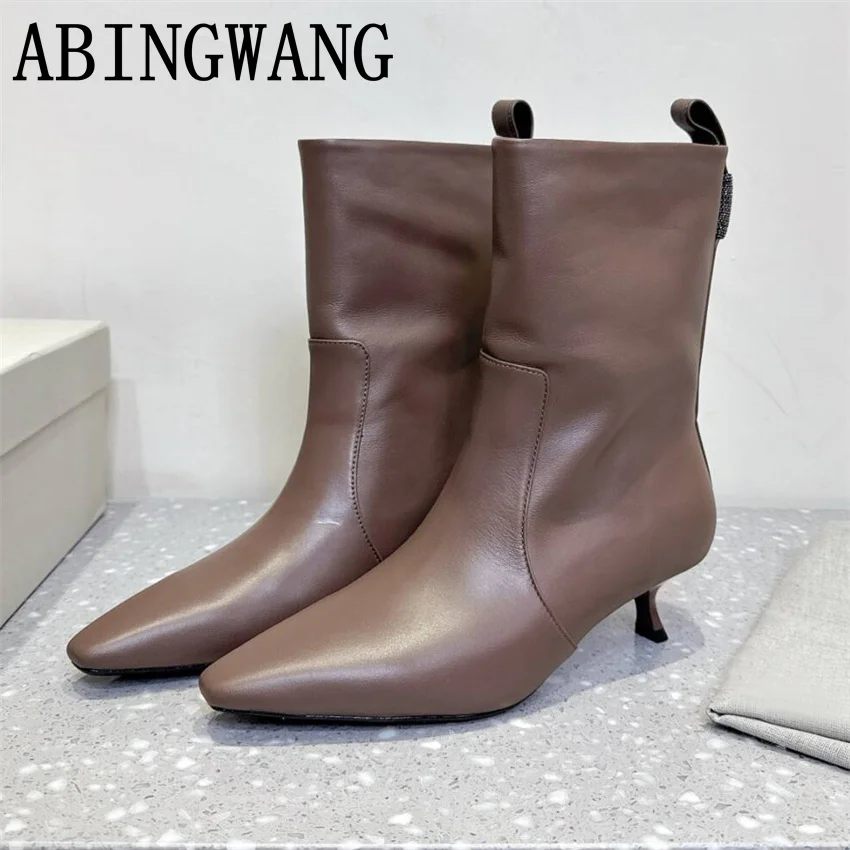 

Осень-зима 2022, новые женские ботильоны из натуральной кожи на каблуке «котенок», сексуальные короткие ботинки без шнуровки с острым носком