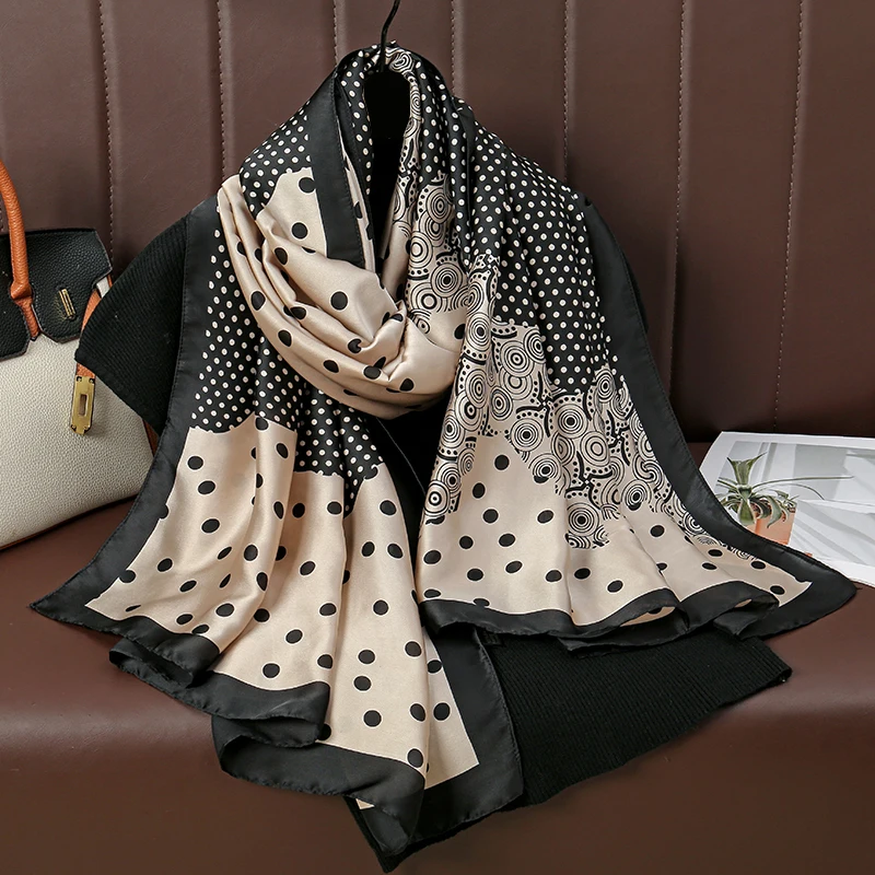 Temperament Imitation Silk Long Scarf Wave Point Print Scarf Shawl Women Elegant Scarves Leisure Sun Protection