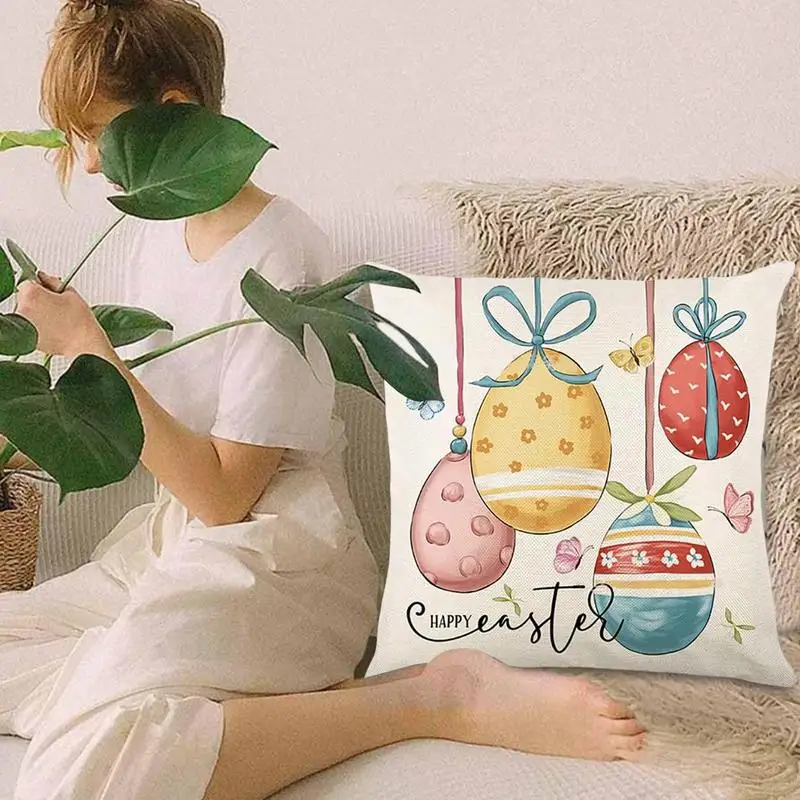 18 X 18 Easter Pillow Cases Soft Linen Holiday Cushion Case With Spring Easter Egg Decorative Couch Pillow Covers Sofa Pillow