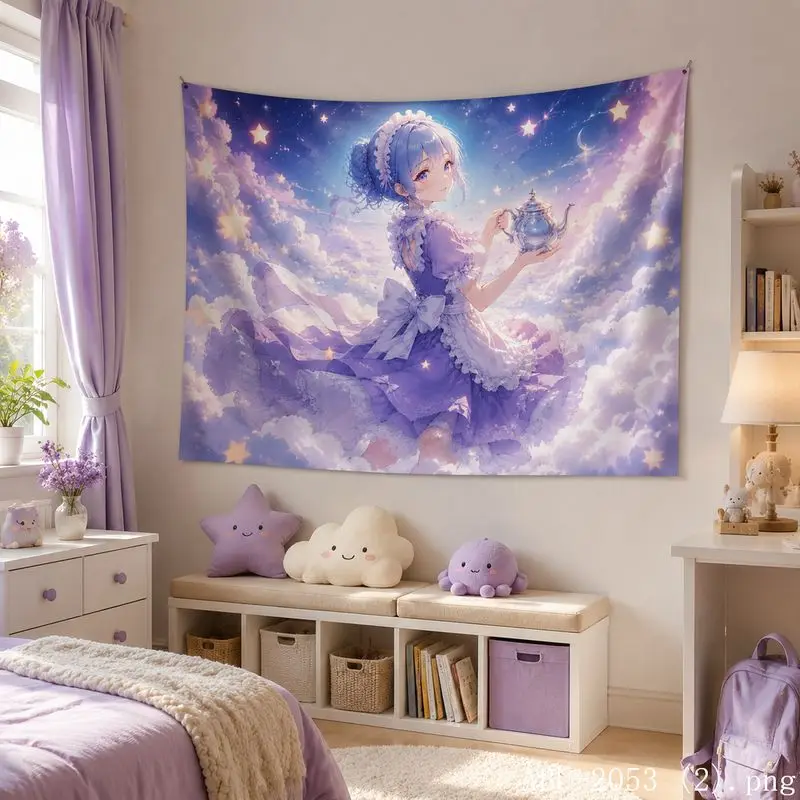VIKAMA Pastel Galaxy Anime Girl Tapestry, Soft Dreamy Aesthetic Wall Hanging, Decor for Teen Dorm Bedroom Otaku Home
