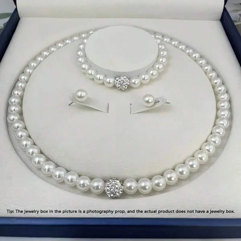 Conjunto de Joyería Clásico con Perlas Blancas de Imitación y Detalles de Cristal, Collar de Perlas de Una Sola Hilera, Brazalete y Pendientes, Elegante para Uso Diario o Cena