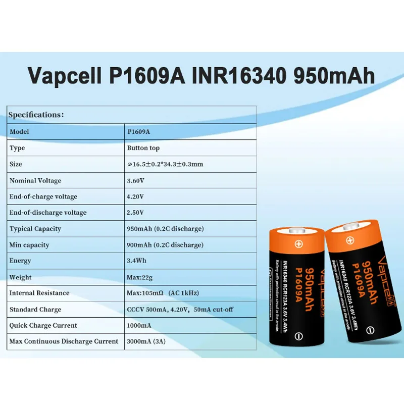 Original Vapcell P1609A INR 16340 Battery 950mAh 3A 3.6V Rechargeable Li ion Batteries Button Top For Flashlight Power Tools