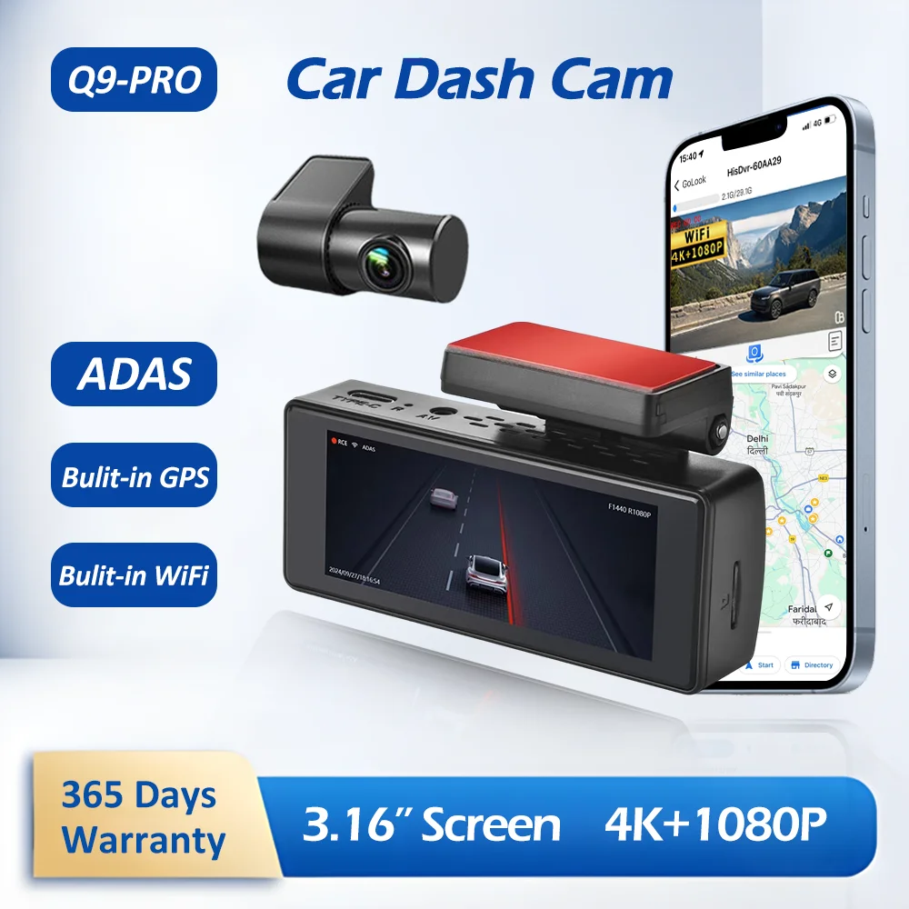 

3.16'' Screen 4K Front 1080P Rear Dash Cam ADAS GPS Loop Recording WDR Night Vision Car Camera for Parking Mode WiFi App Control