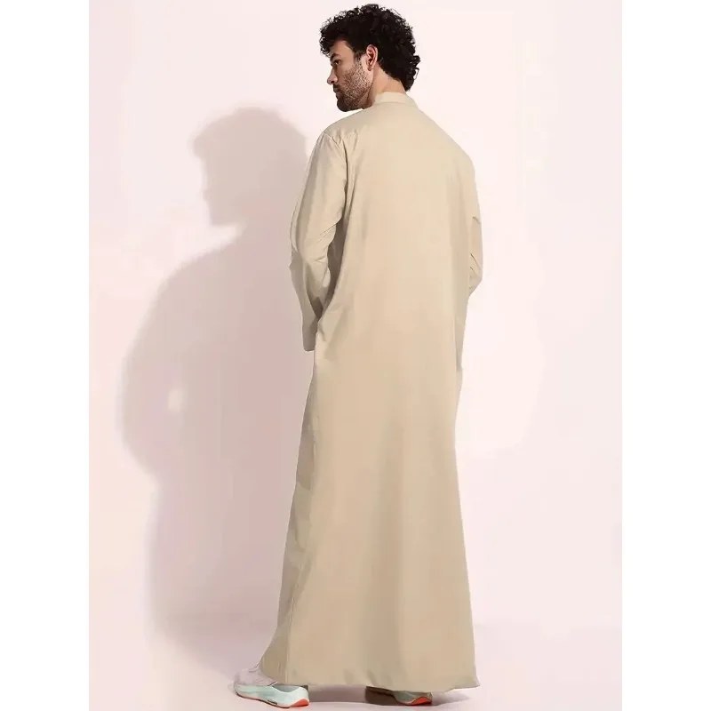 Túnica muçulmana de manga longa masculina, tamanho grande, sólido, árabe saudita, kaftan islâmico, tops de gola étnica para festivais, gola masculina, túnica muçulmana, Dubai Tops