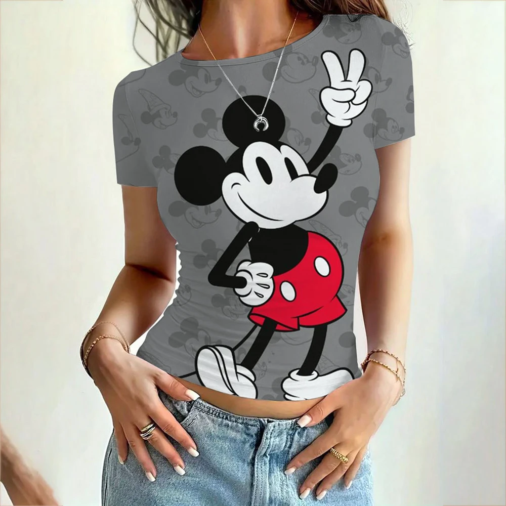 

Women's basic T-shirt low round neck short sleeved crop top cute summer top slim fit T-shirt Y2k clothing Disney Mickey Mouse pr