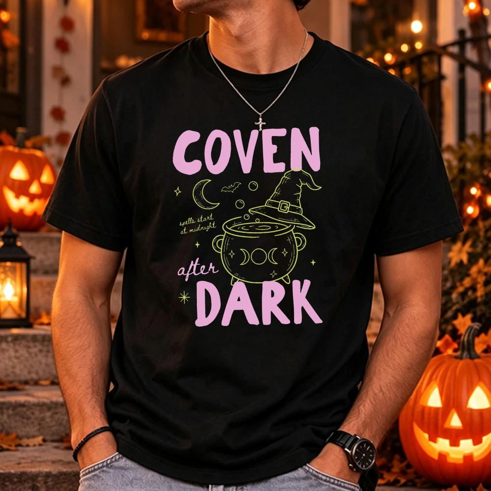 Coven After Dark Graphic T Shirt Men Women Witch Cauldron Moon Bat Print Tee Whimsigoth Halloween Spooky Season Casual Top