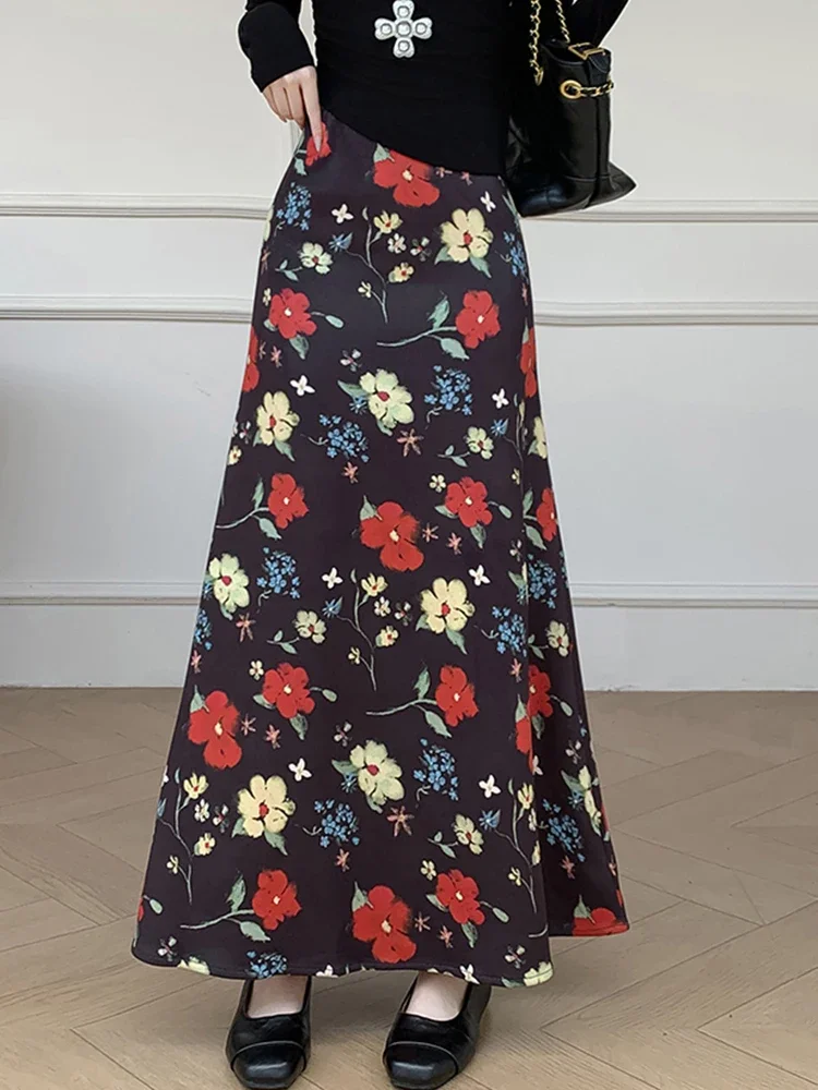 Zoki Floral Retro Long Skirts Women Faux Suede Slim High Waist Y2K Skirt Streetwear Vintage American Fall Winter Mermaid Skirts