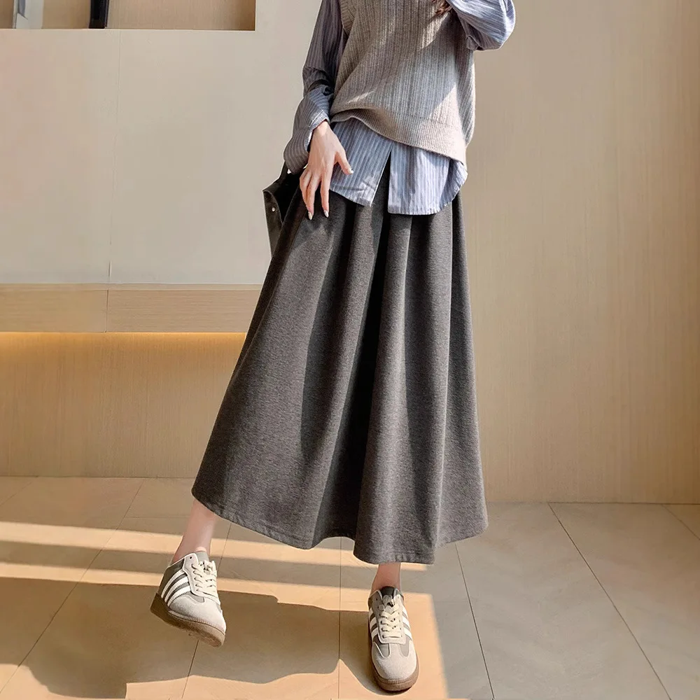 Woolen pleated midi skirt 2025 autumn and winter new item plus size high waist slimming A-line midi skirt