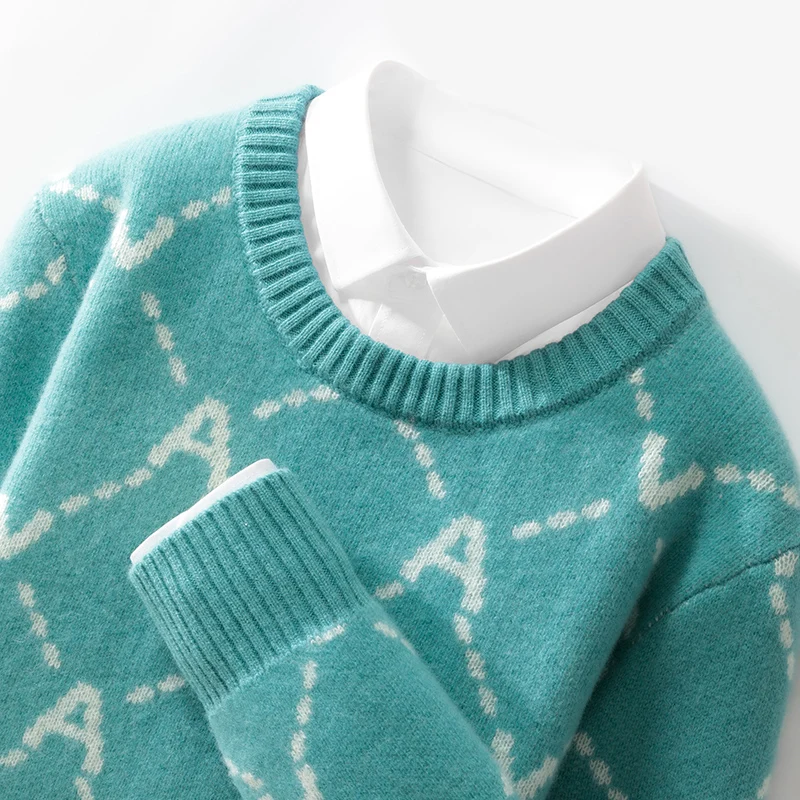 Autumn And Winter New Round Neck 100% Pure Wool Men's Color Matching Thick Sweater Loose Casual Knit Bottoming Shirt