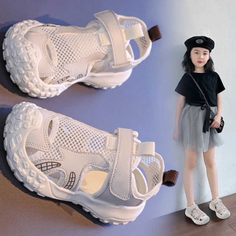 Kids Sports Sandals Mesh Breathable Girls Sandals Toes Capped 2025 Summer New Children Casual Shoes Non-slip Hollowed-out Trendy