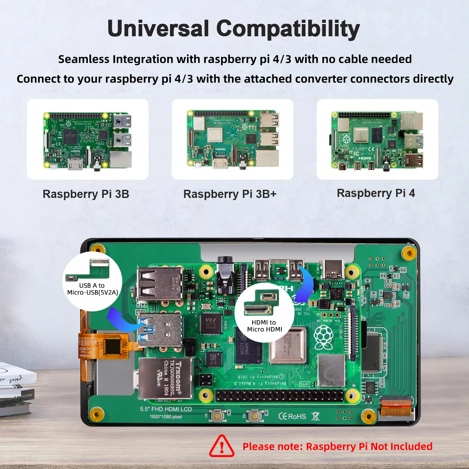 شاشة عرض أفقية محمولة تعمل باللمس LCD ، من من من من من من نوع x ، Raspberry Pi 5 ، 4b ، 3B ، صفر ، 3B + ، 3A Plus ، تدعم Android ،"