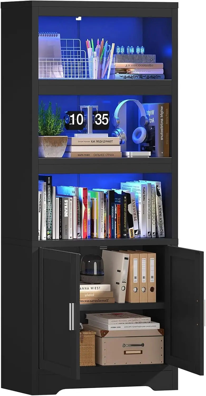 

Книжный шкаф с дверцами, 5-ярусный стеллаж для хранения с регулируемыми полками, открытыми отсеками и пультом дистанционного управления