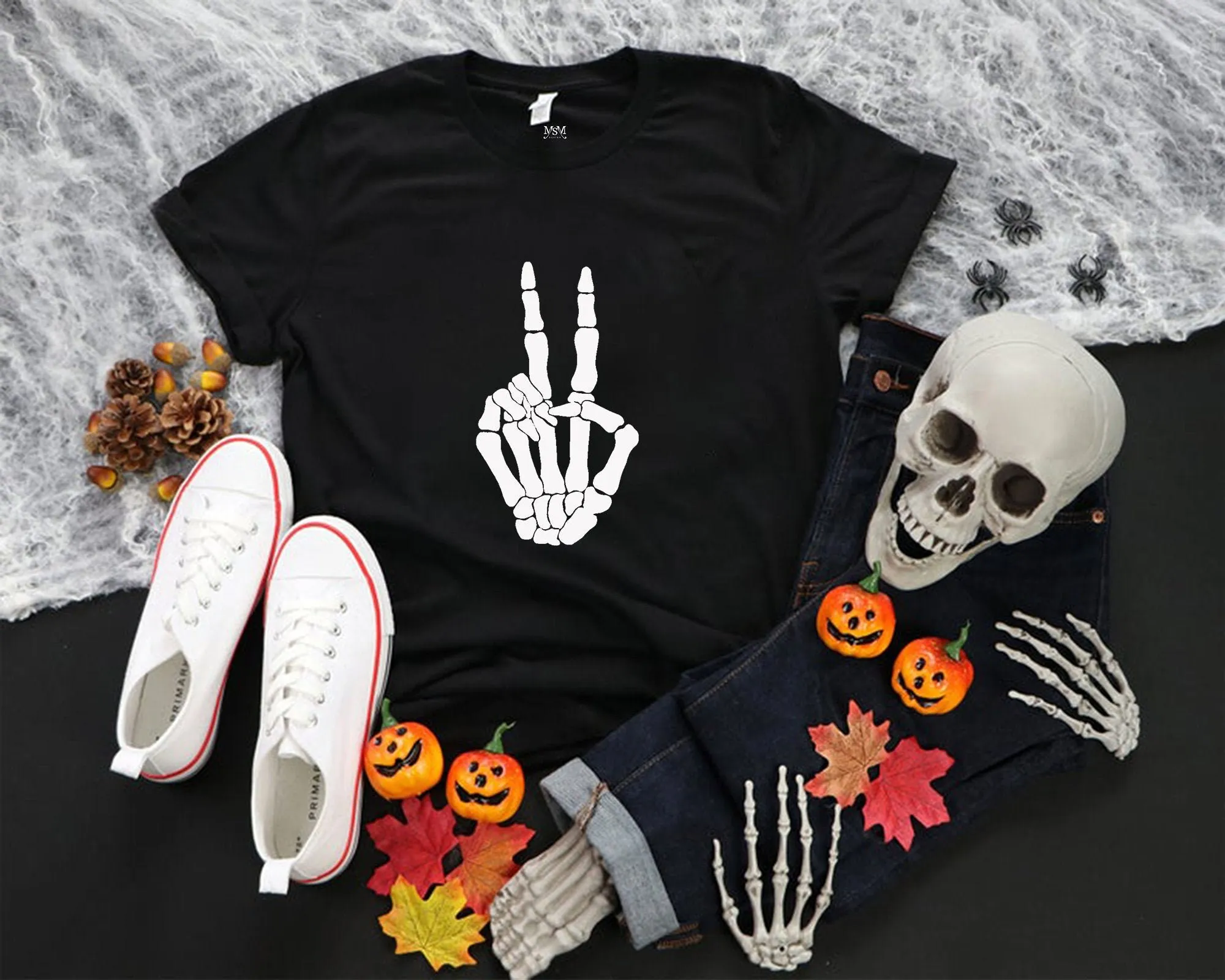 Skeleton Peace Sign T Shirt Halloween Hand Funny Fall Women's