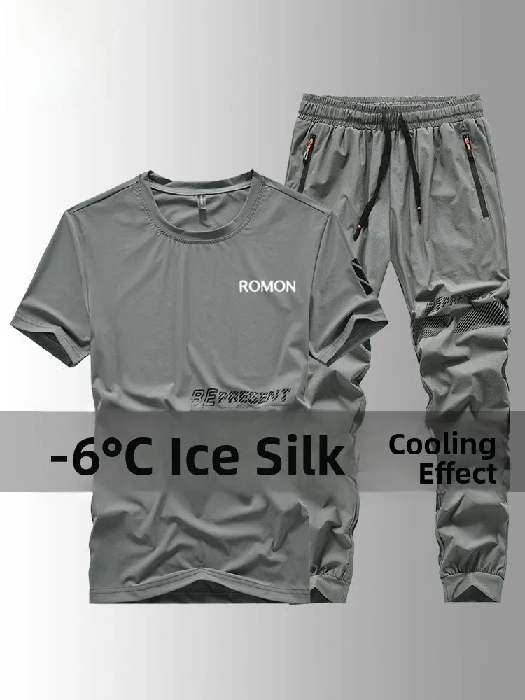

Rn Summer Ice Silk Qui Dry Sports Set Men's Faion Print Casual ort Sve T-irt Loose Long Pants Suit