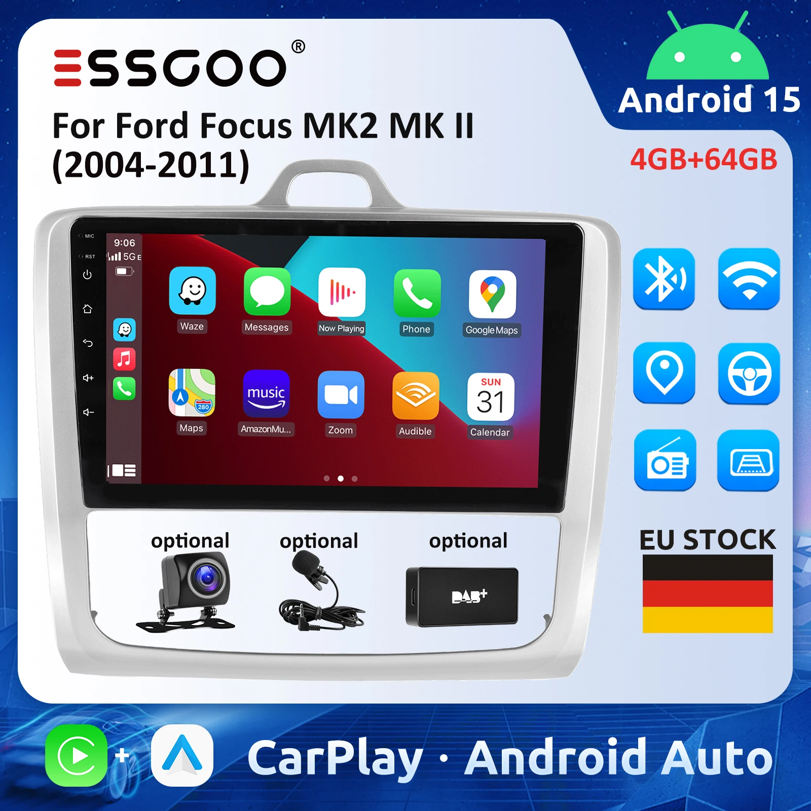 ESSGOO 9 "Radio per auto per Ford Focus MK2 MK II 2004-2011 Android auto Carplay Car Stereo 4GB 64GB RDS Lettore multimediale automobilistico