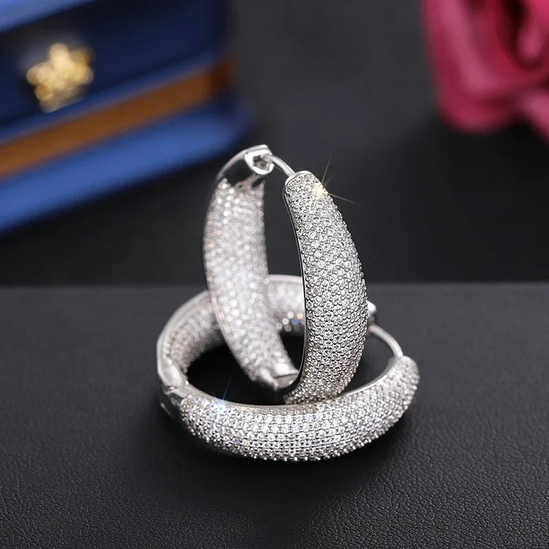 Huitan Bling Bling Hoop Earrings Silver Color/Gold Color Full CZ Luxury Trendy Earrings for Women Wedding Party Gorgeous Jewelry