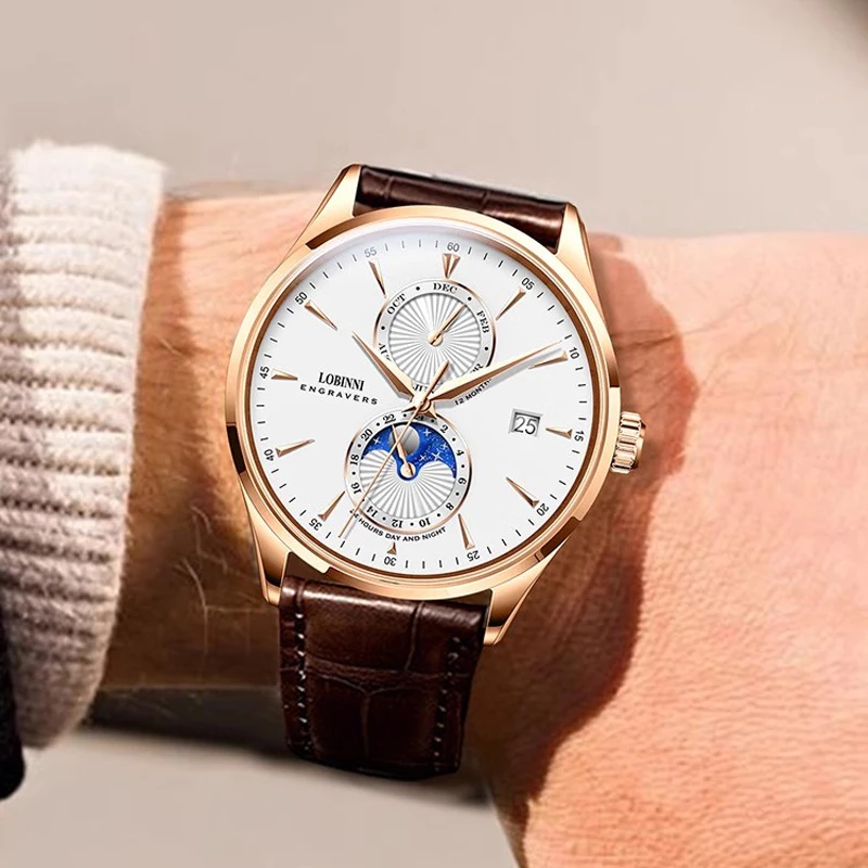 LOBINNI Rose Golden Elegant Moon Phase Design Calendar Display Brown Leather Mens Watch Brand Luxury Automatic Mechanical Watch