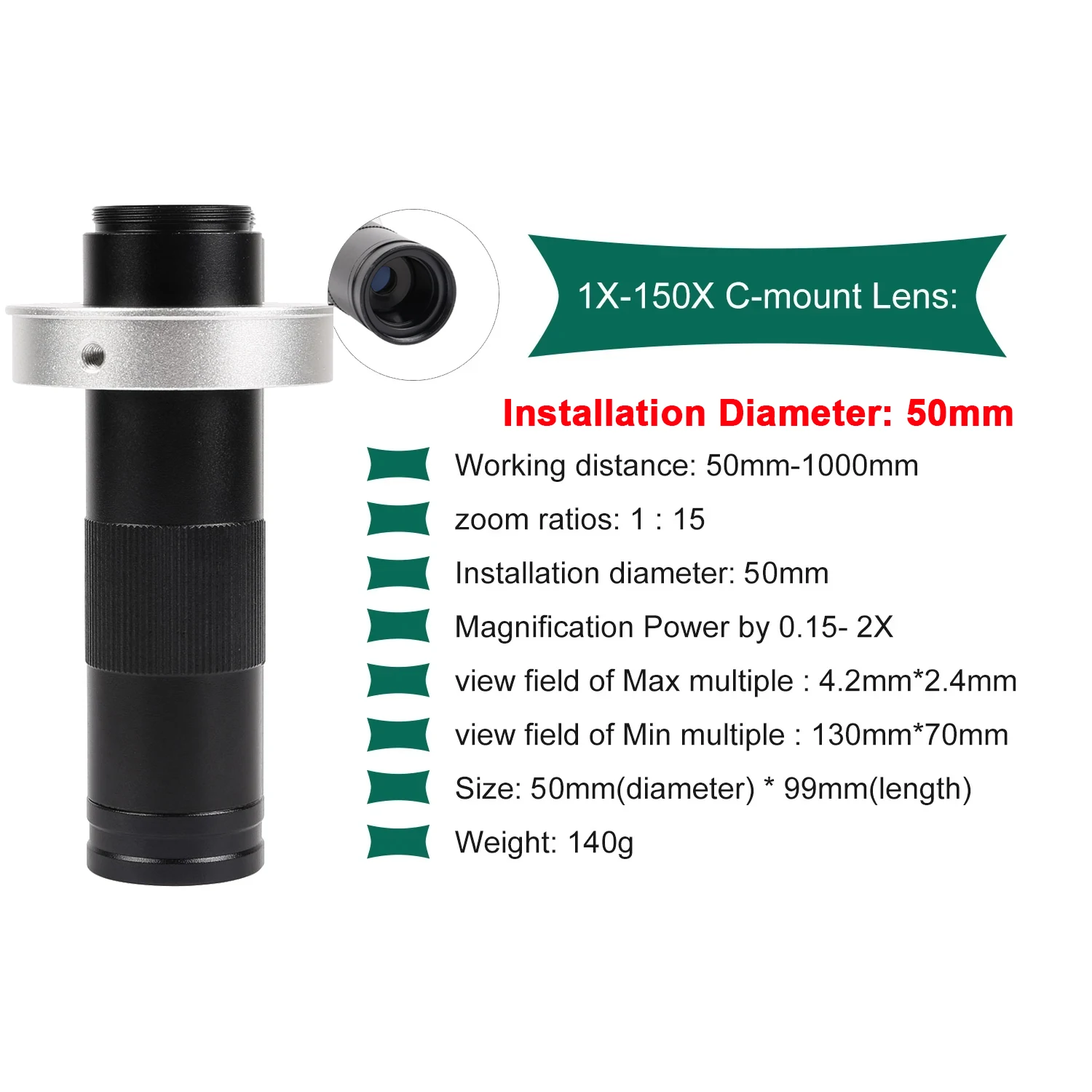 YIZHAN 0,5X Mikroskop-Hilfsobjektiv 25 mm Barlow-Objektiv Objektiv 150X C-Mount-Zoomobjektiv 28/40/50 mm Installationsdurchmesser Werkzeuge – Detail 10