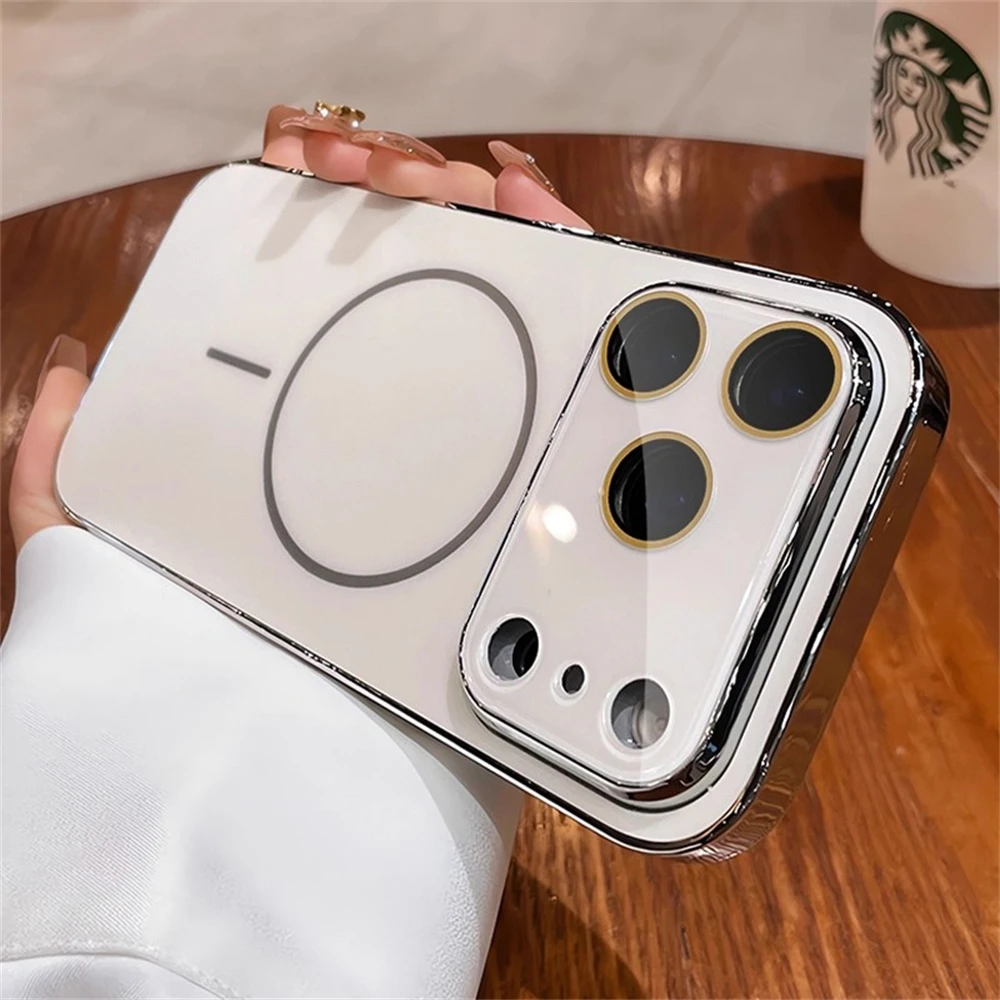 Luxury Plating Bumper Hard Case For iPhone 17 16 15 14 13 12 Pro Max Plus For Magsafe Magnectic Glass Camera Protection Cover view 6