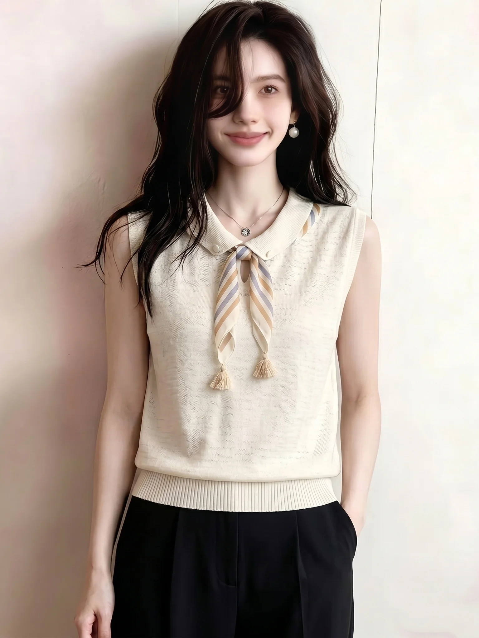 

Elegant Neck Sleeveless Knitted Vest Gentlewoman Style Summer Design Unique Women's Top Silk Material Straight Cut Korea...