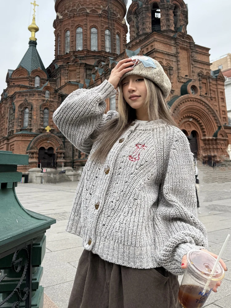 

Chuan Chuan Ya American Sle Thi Lazy Knitted Sweater Cardigan Women's Autumn Winter Thi New round Ne Hollow out Jae...