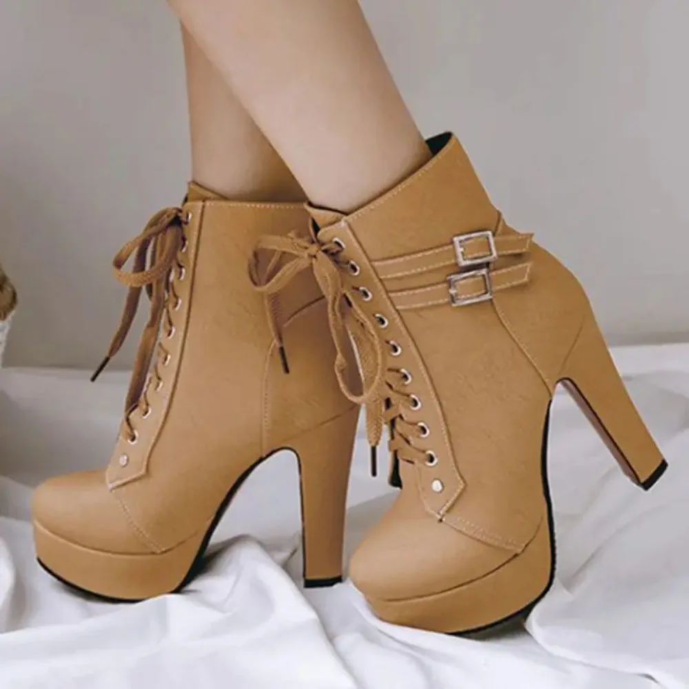 QPLYXCO 2017 New Super Big & small Size 30-50 autunno inverno stivaletti scarpe stivali corti da donna stringate tacco alto (12CM) C-3