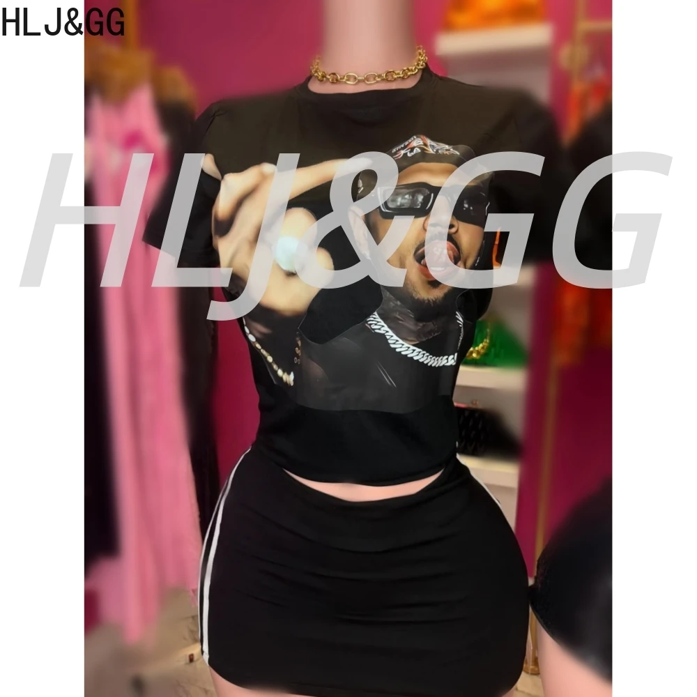 HLJ&GG Y2K Black Fashion Pattern Print Mini Skirts Two Piece Sets Women Round Neck Short Sleeve Top And Skirts Outfits Outfits