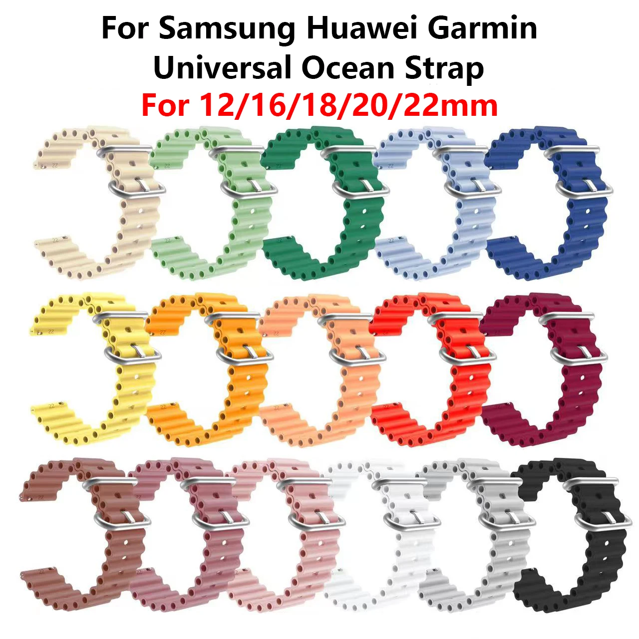 Silicone Ocean Strap for Samsung Watch,Huawei Watch GT 2 and 3 Pro,Garmin Band,50PCs,12mm,16mm,18mm,20mm,22mm, Active 2, Gear S3