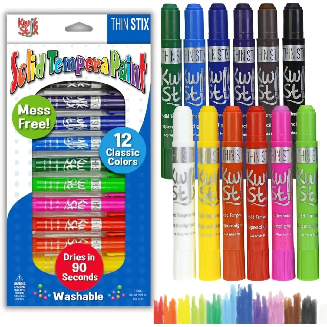 

Solid Tempera Paints, Thin Stix Paint Pens, Super Quick Drying, 12 Classic Colors for Children - 12 Pack