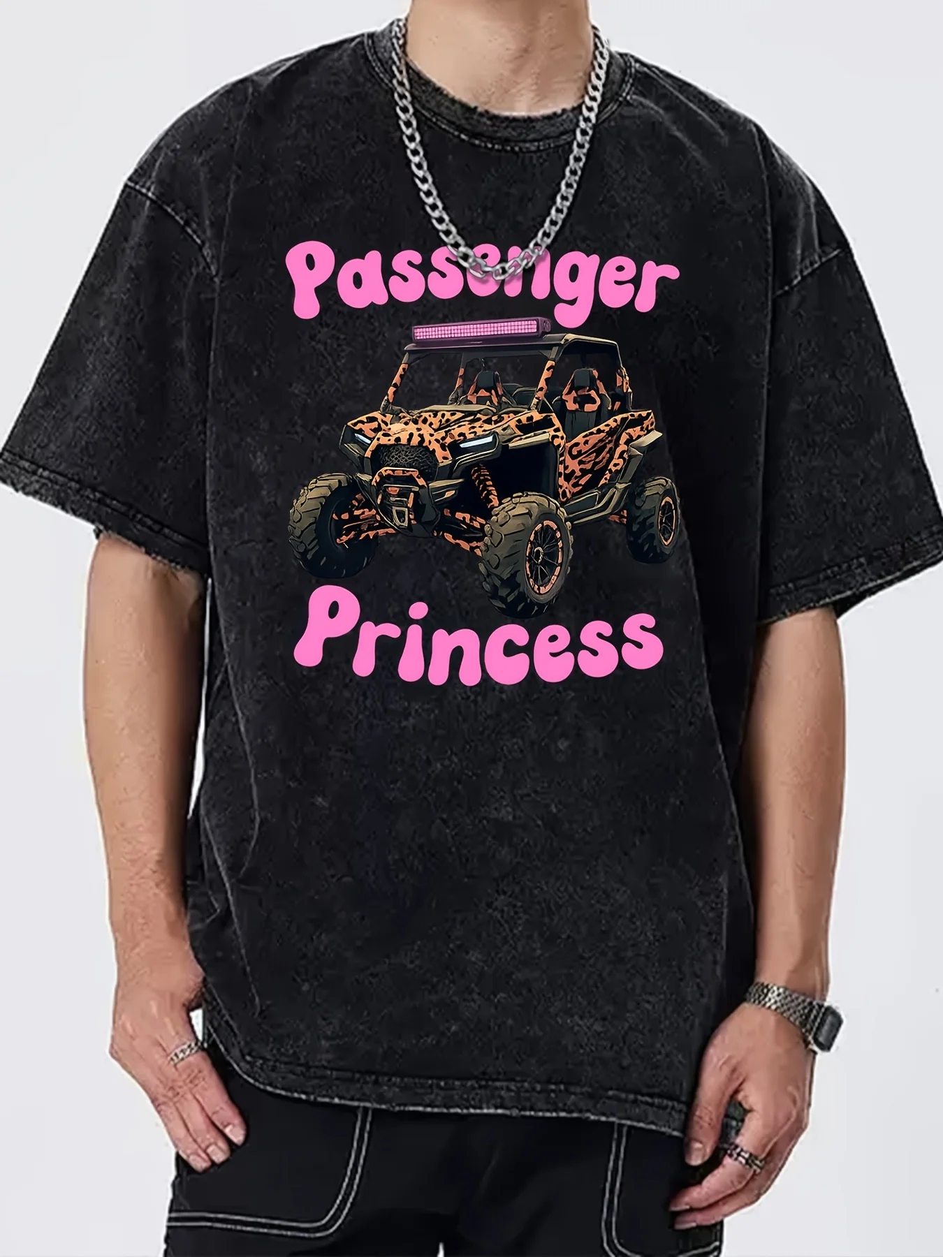 Black Acid-Washed Short-Sleeve T-Shirt with Leopard Print Utv Pattern - Passenger Princess - Suitable for Men's Casual Wear, Gift Ideas, and Everyday Wear