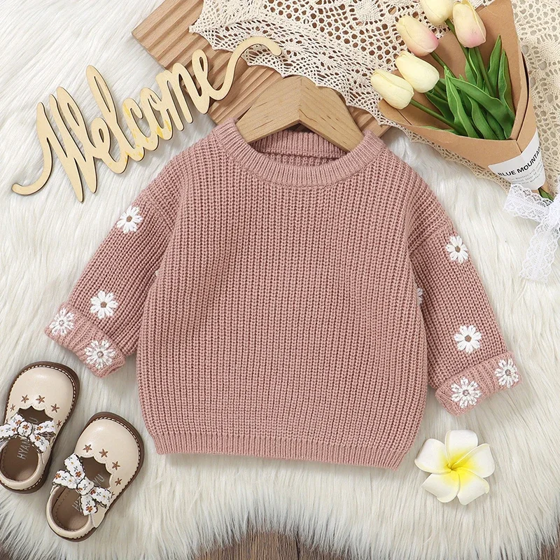 Autumn Baby Sweater Long Sleeve Infant Girl Pullover Knitted Fashion Solid Newborn Kid Clothing Cute Embroidered Floral Top Warm