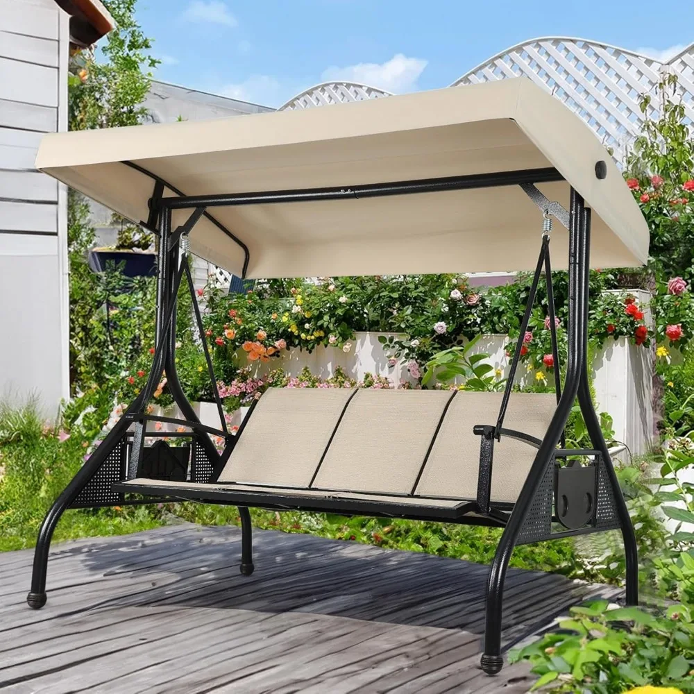 

Outdoor Patio Swing with Adjustable Canopy, 3 Seat Outdoor Porch Swing with Stand, Cup Holders, Waterproof Textilene