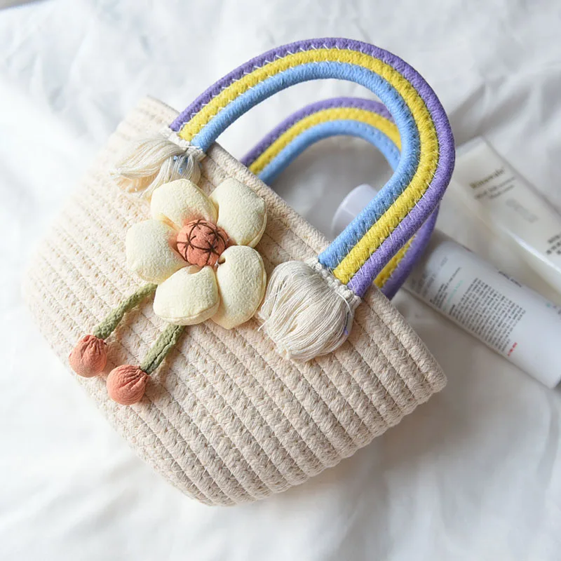 Summer Handmade Bags For Women Beach Weaving Ladies Leisure Bag Handle Handbags Lovely Flowers Rainbow Handles Knit Cotton Bales