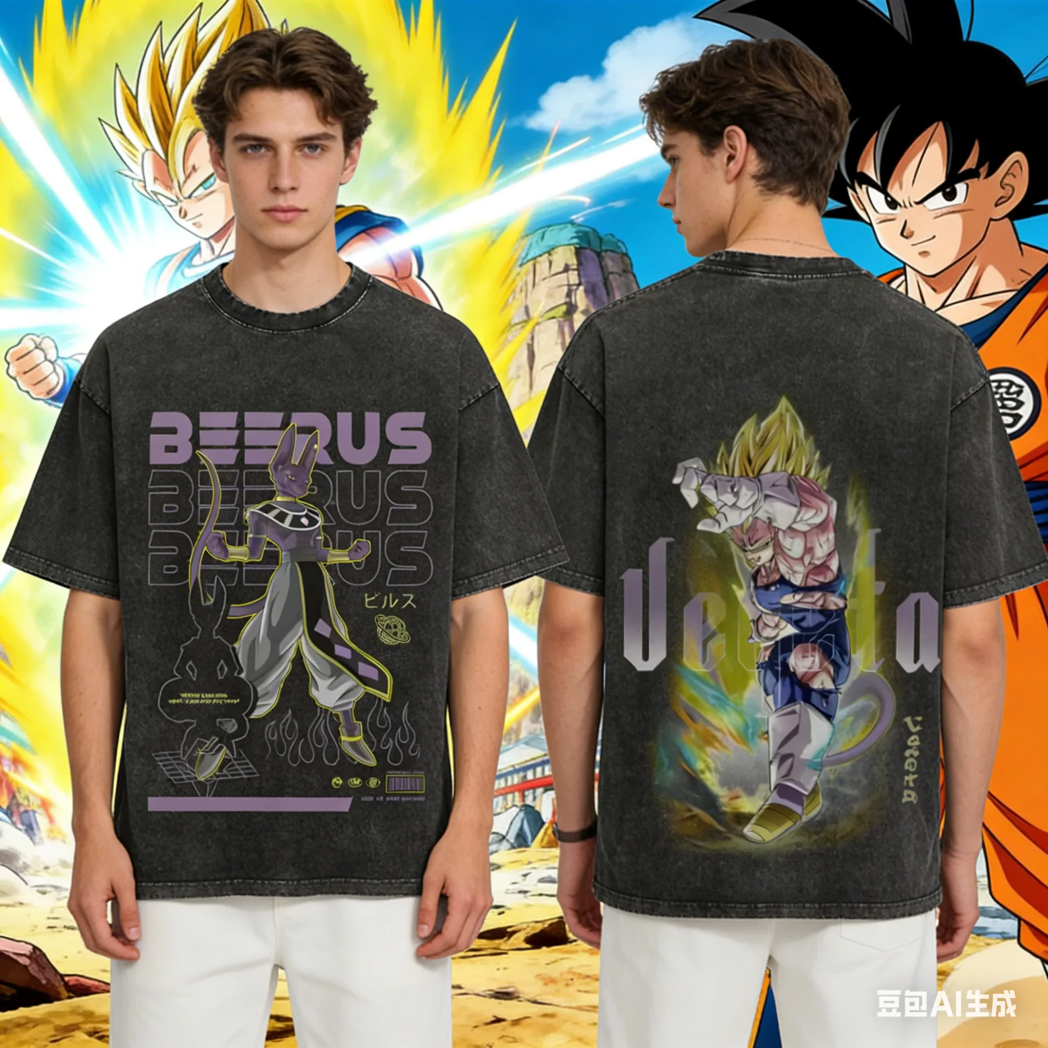 2026 Sommer Dragon Ball Beerus & Vegito Doppelseitiges Vintage-Print T-Shirt aus gewaschener Baumwolle, Oversized Unisex Kurzarm Anime-Oberteil