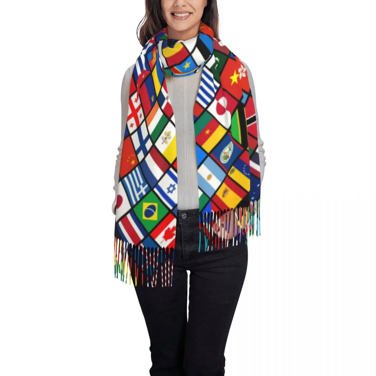 Flags Of The Countries Of The World Scarf Women Stylish Winter Wrap Shawl Informative Gift Tassel Wraps