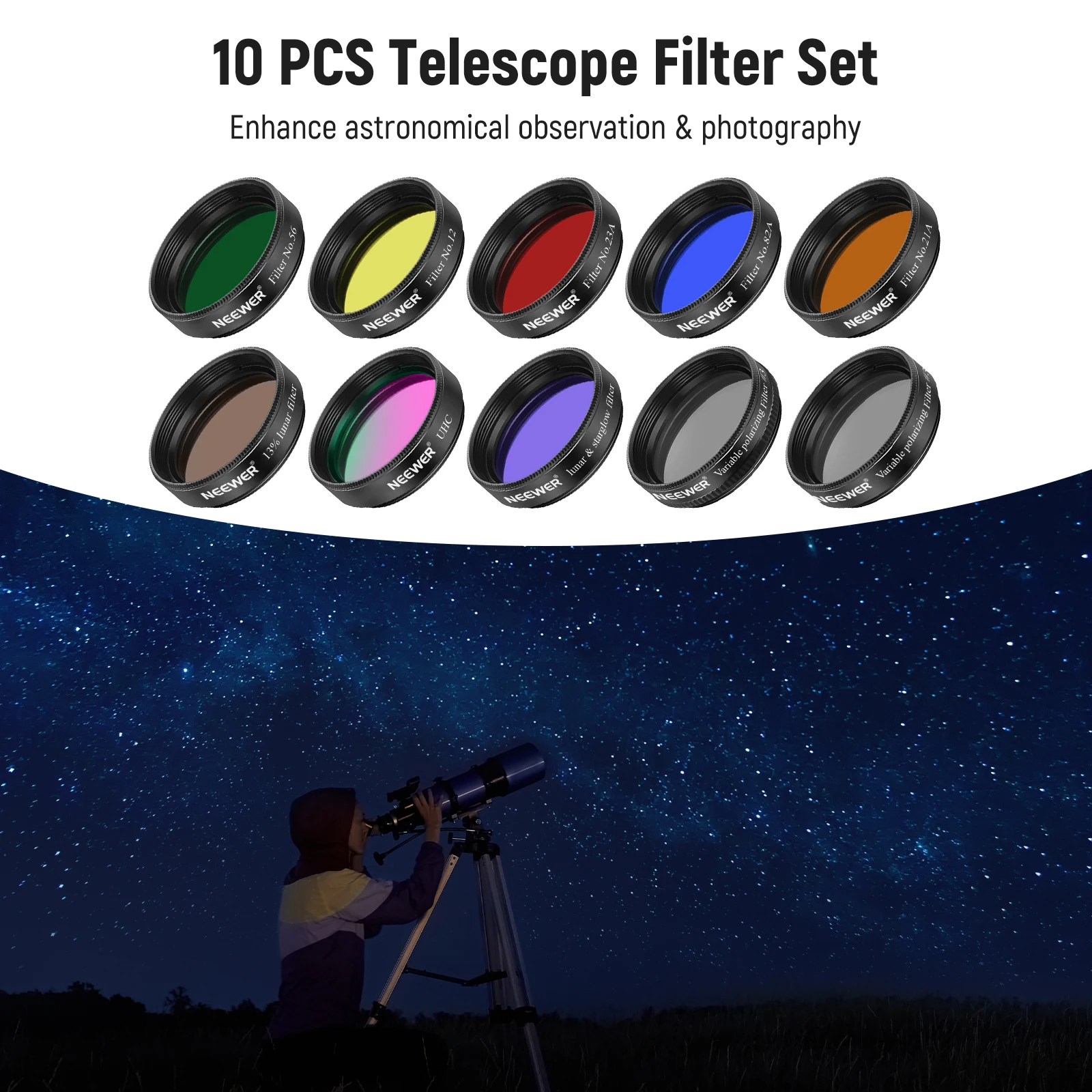NEEWER 10-teiliges 1,25-Zoll-Teleskop-Okularfilter-Set, 5 Planeten-Farbfilter, 2 Polarisationsfilter für die Sternenhimmel-Mondbeobachtung – Detail 2
