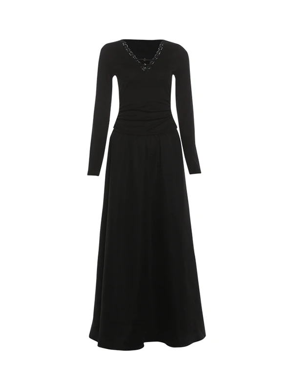 WEIRD PUSS artístico sle longo sve renda guarnição v-ne dr vestido feminino de emagrecimento com cintura mistura de poliéster e elastano