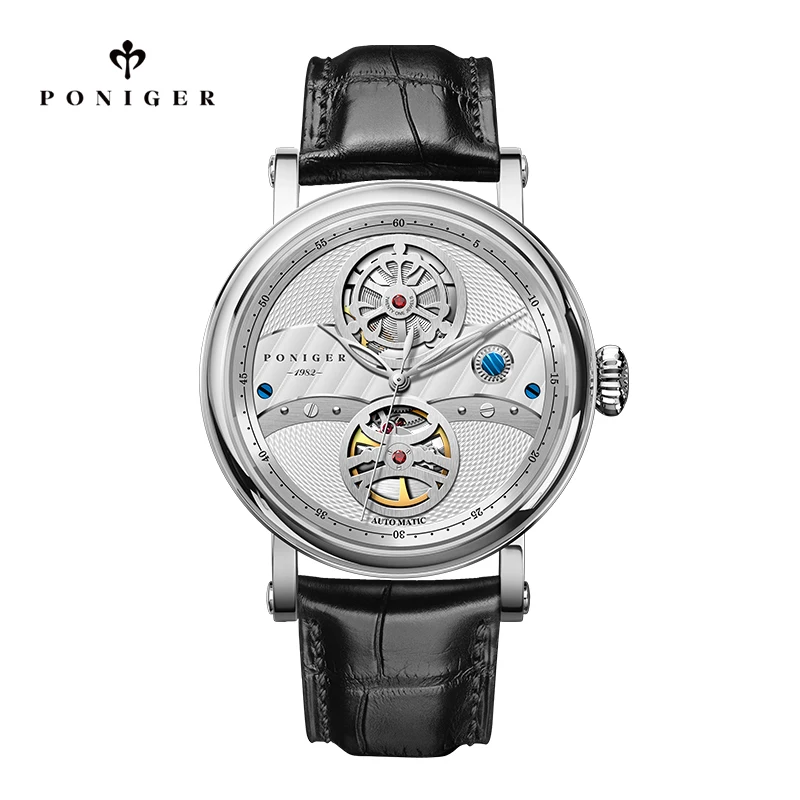 

PONIGER Luxury Skeleton 41mm Men Watch 50M Waterproof Sapphire Crystal Automatic Wristwatches Leather