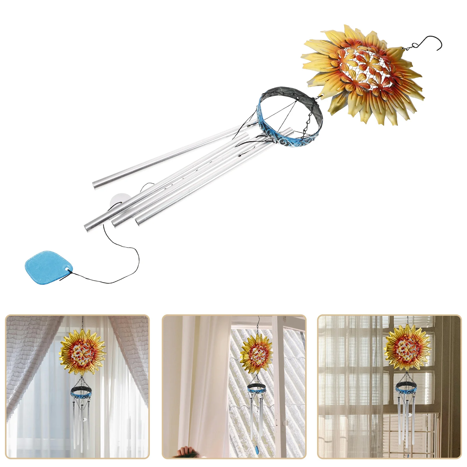 

1Pcs Iron Art Windbell Tube Golden Yellow Hanging Sunflower Wind Bell Decoration Iron Art Windbell