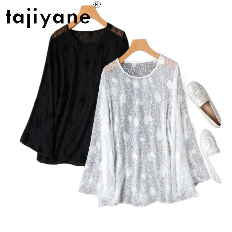 

TAJIYANE 100% Real Mulberry Silk Women T Shirts Embroidery Sunflower Blouse Loose Summer Tops for Woman Clothes 2026 ropa mujer